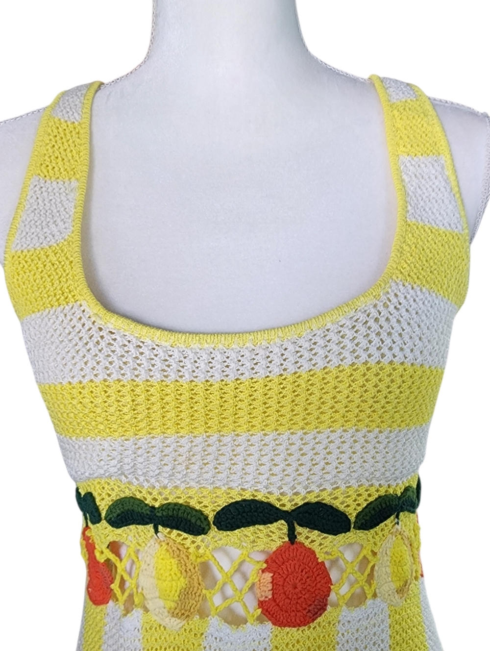 STAUD Yellow and White Striped Crochet Midi Dress with Fruit Trim - Picture 5 of 12